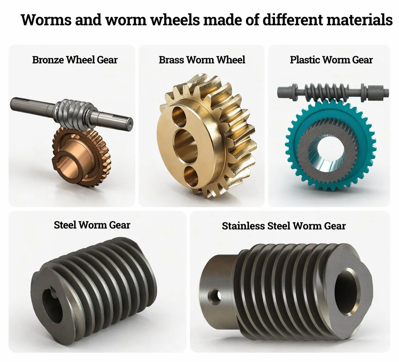 Worms and worm wheels made of different materials — bronze, alloy steel, stainless, plastic