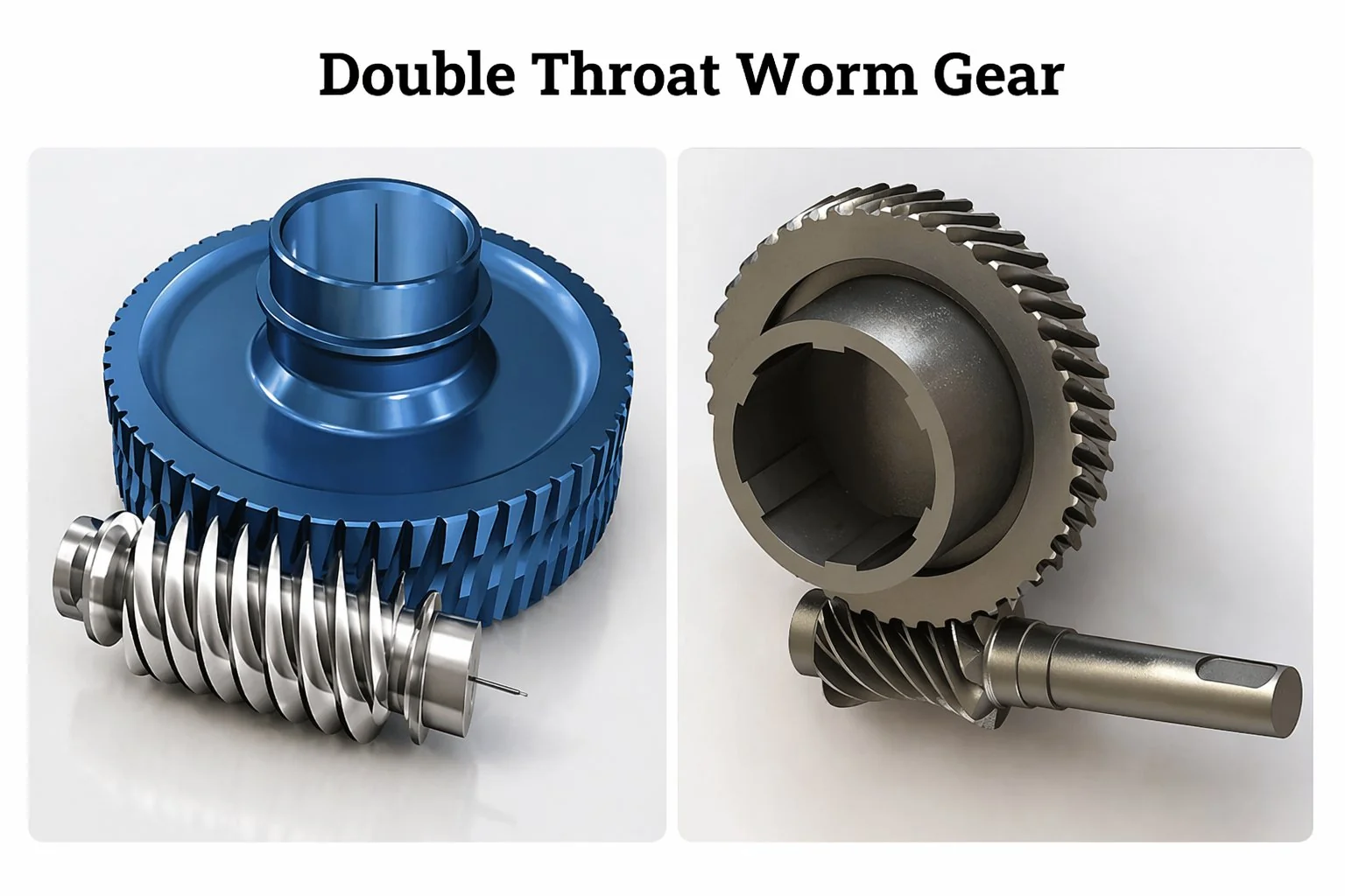 Double-throat worm gear with hourglass worm and throated worm wheel