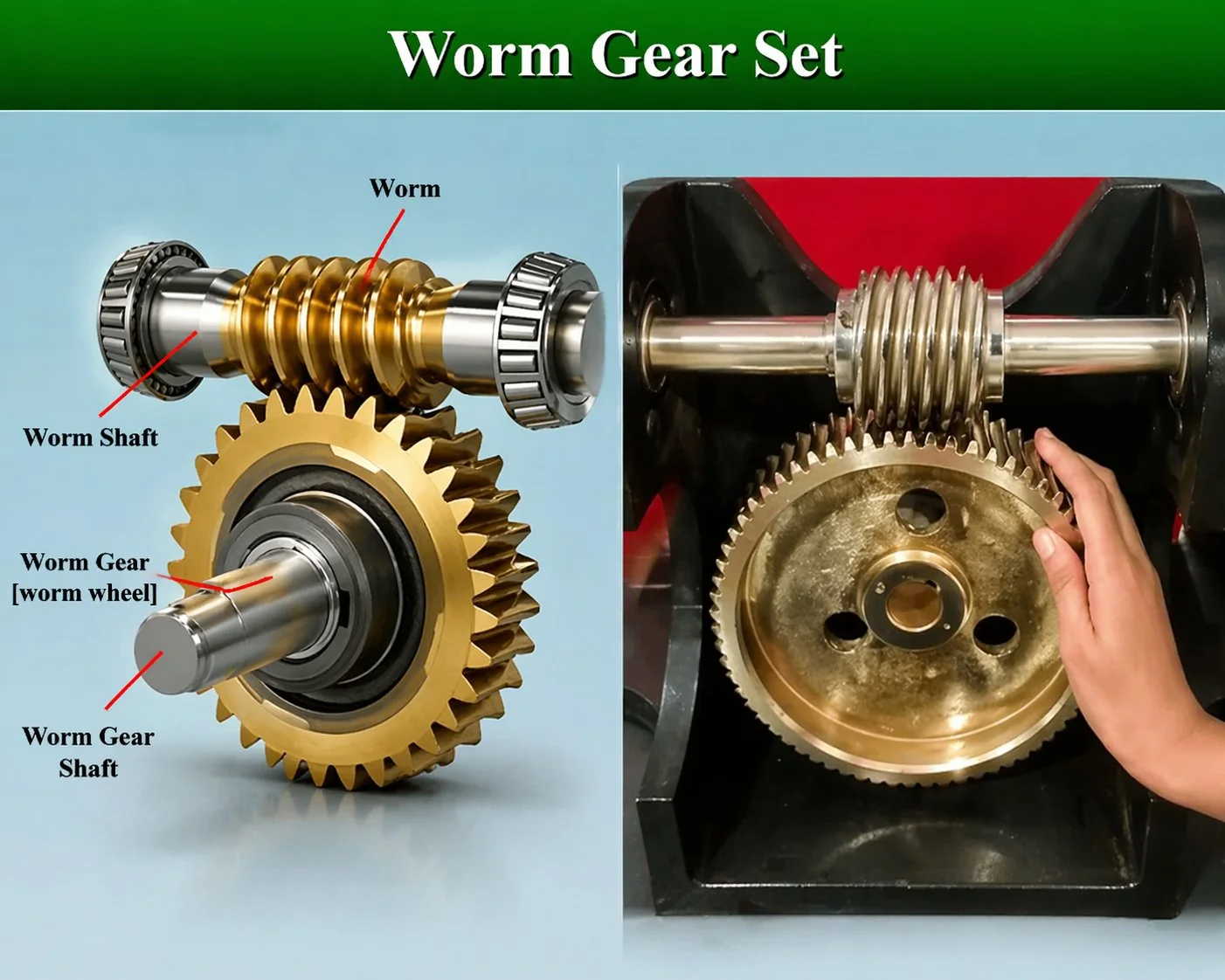 Worm gear structure showing worm shaft and worm wheel meshing