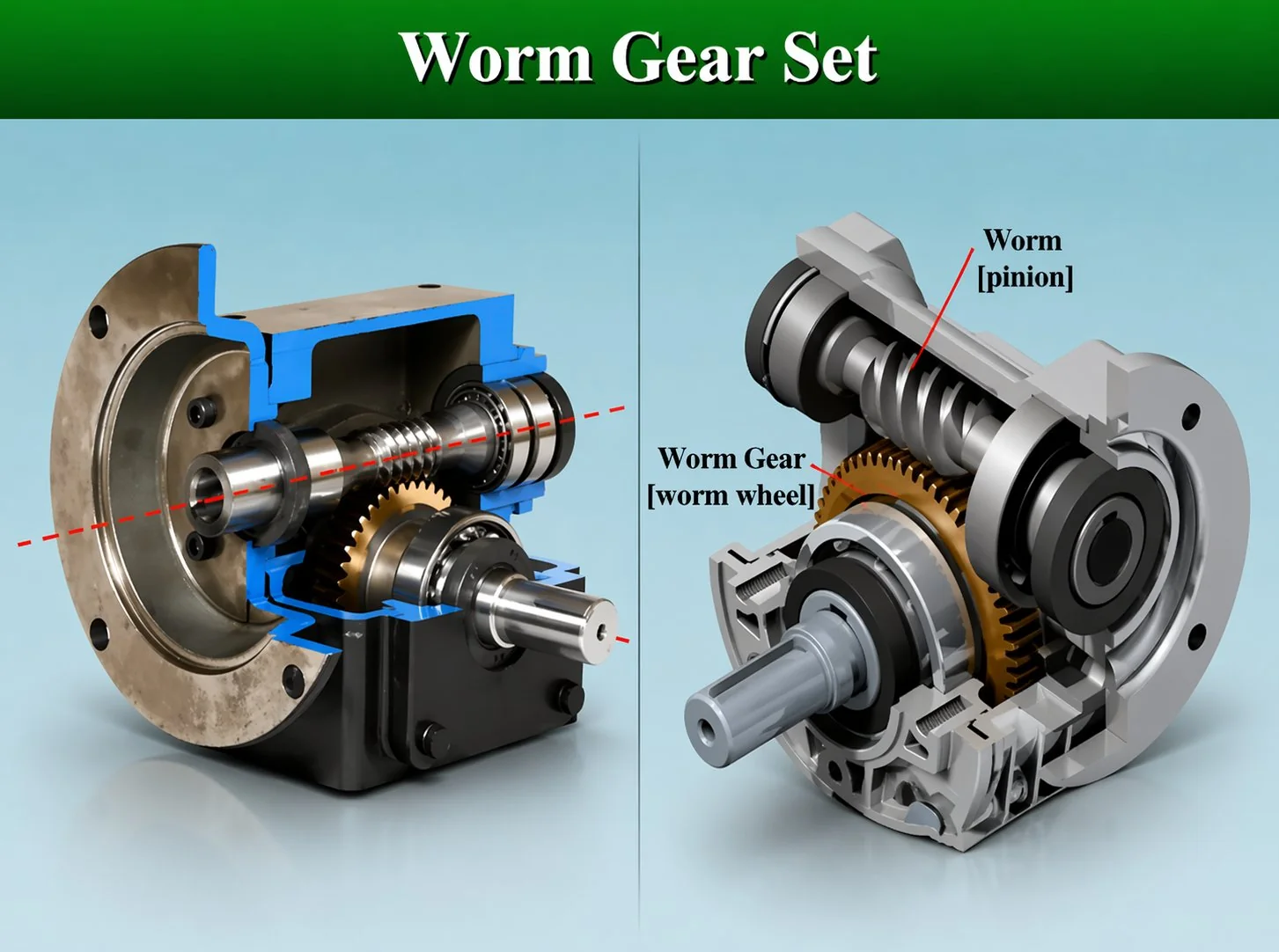 Complete worm gearbox containing worm shaft and wheel
